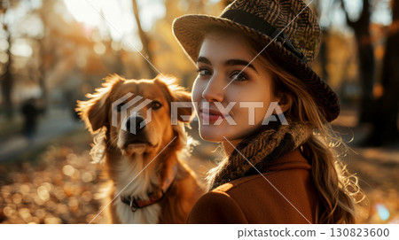 A fashion Woman and Her Dog in outdoor. 130823600
