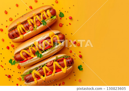 a delicious hot dog with mustard and ketchup on isolated background. hot dog day 130823605
