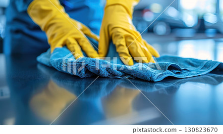 Woman hand in rubber protective glove with microfiber on surface. generative ai 130823670