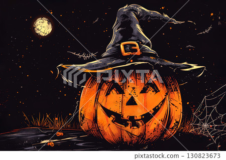 Halloween pumpkin with spiders and spiders web, ai generative 130823673