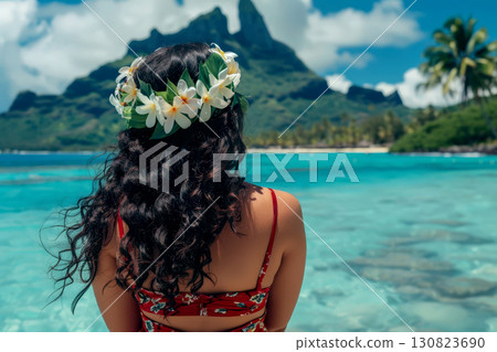 Back view woman Hawaii beach girl with crown . Generate AI 130823690
