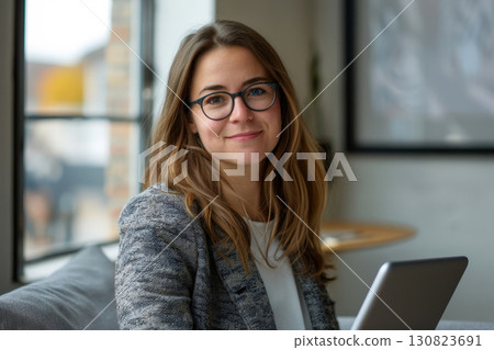 Smiling business woman enjoying time on laptop in a office. ai generative 130823691