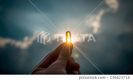 A person is holding a fish oil in their hand on sky background. A person is holding a fish oil in their hand on sky background. 130823718