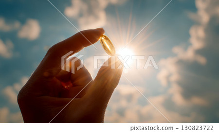 A person is holding a fish oil in their hand on sky background. A person is holding a fish oil in their hand on sky background. 130823722