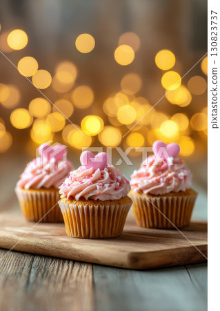 Cupcake decorated with pink heart petals, creating a sweet, romantic atmosphere 130823737
