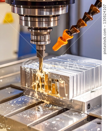 CNC milling machine processing on steel with cooling CNC milling machine processing on steel with cooling 130824107