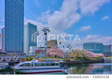 神奈川縣橫濱的春天,從新港地區眺望遊覽船和木屋道 神奈川縣橫濱的春天,從新港地區眺望遊覽船和木屋道 130824136