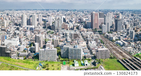 Aerial view of Kawaguchi city center taken from the Arakawa riverbed in Saitama Prefecture 130824173