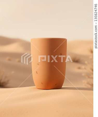 A simple, elegant terracotta pot sits on the desert sand with a blurred background. 130824746