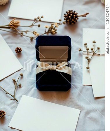 Elegant display of a navy blue velvet ring box with a cream ribbon on a gray surface. 130824754