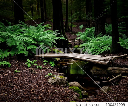 Enchanted Forest Stream Crossing: A Tranquil Wooden Bridge Scene Enchanted Forest Stream Crossing: A Tranquil Wooden Bridge Scene 130824909