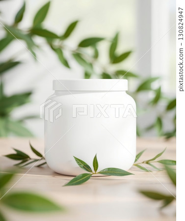 A minimalist white jar with lid is displayed among green leaves on a wooden surface 130824947