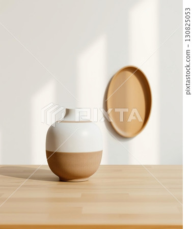 Minimalist still life photography of a vase and wooden plate on a wooden table. 130825053