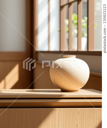 Close-up shot of a spherical ceramic vase on a wooden surface in natural sunlight 130825223