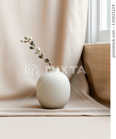 White vase with eucalyptus sprigs, minimalist still life photo. 130825224