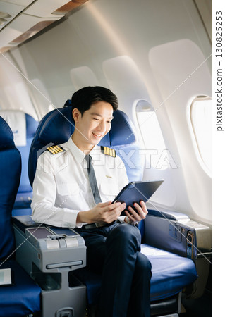 Asian Confident male pilot in uniform leaning at the passenger seat while standing inside of the airplane flight cockpit during takeoff and checking 130825253