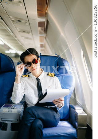 Asian Confident male pilot in uniform leaning at the passenger seat while standing inside of the airplane flight cockpit during takeoff and checking Asian Confident male pilot in uniform leaning at the passenger seat while standing inside of the airplane flight cockpit during takeoff and checking 130825256