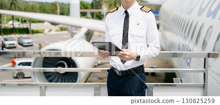Asian Confident male pilot in uniform leaning at the passenger seat while standing inside of the airplane flight cockpit during takeoff and checking Asian Confident male pilot in uniform leaning at the passenger seat while standing inside of the airplane flight cockpit during takeoff and checking 130825259