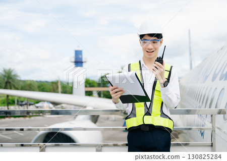 Aviation engineer inspects airplane for safety compliance. Professional aerospace technician at work 130825284