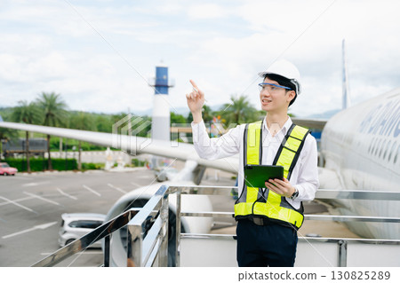 Aviation engineer inspects airplane for safety compliance. Professional aerospace technician at work Aviation engineer inspects airplane for safety compliance. Professional aerospace technician at work 130825289