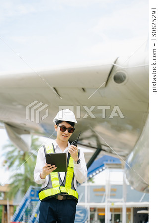 Aviation engineer inspects airplane for safety compliance. Professional aerospace technician at work Aviation engineer inspects airplane for safety compliance. Professional aerospace technician at work 130825291