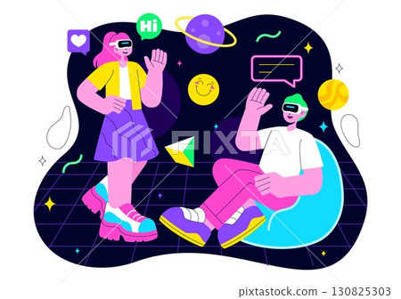 Metaverse Social Hangouts Illustration featuring People wearing VR Glasses and Exploring Future Innovations with Virtual Reality Communication 130825303