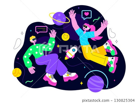 Metaverse Social Hangouts Illustration featuring People wearing VR Glasses and Exploring Future Innovations with Virtual Reality Communication 130825304