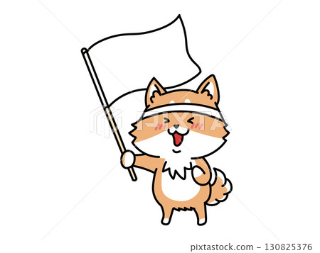 Shiba Inu holding a cheering flag Shiba Inu holding a cheering flag 130825376