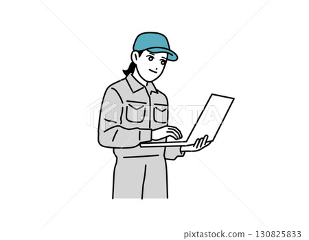 Illustration of a woman in work clothes operating a computer Illustration of a woman in work clothes operating a computer 130825833