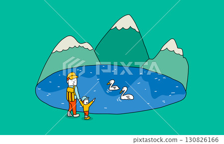 Mother Nature - Illustration of a parent and child watching swans on a lake with mountains reflected on the water Mother Nature - Illustration of a parent and child watching swans on a lake with mountains reflected on the water 130826166
