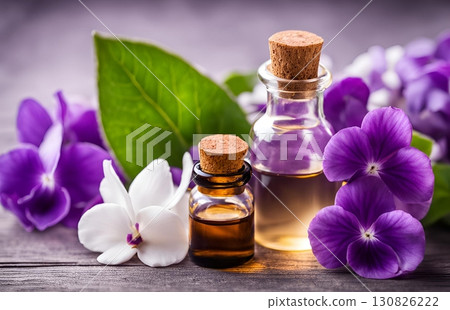 Violet essential oil, known for its unique fragrance, is a popular ingredient in the cosmetic and perfume industries and can also be used for culinary and decorative purposes. AI Generated 130826222