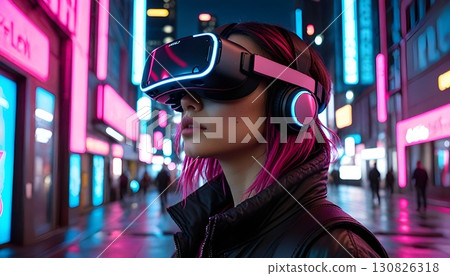 一位女士透過頭戴式顯示器享受虛擬現實 130826318