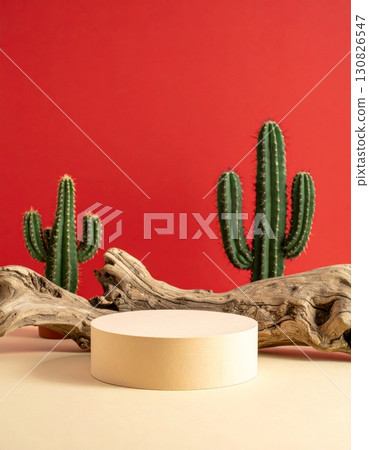 Podium with Cactus Stones on Red Background 130826547