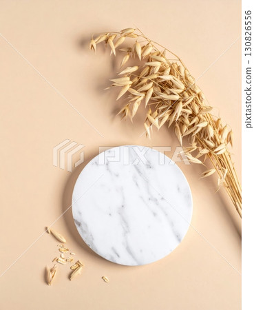 Marble Mortar with Wheat Grains (Top View) 130826556