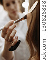 Makeup artist applying blush or highlighter to model face. Close-up vertical 130826838