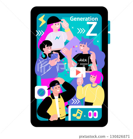 Pop and colorful illustration of young people of Generation Z and their smartphones 130826871