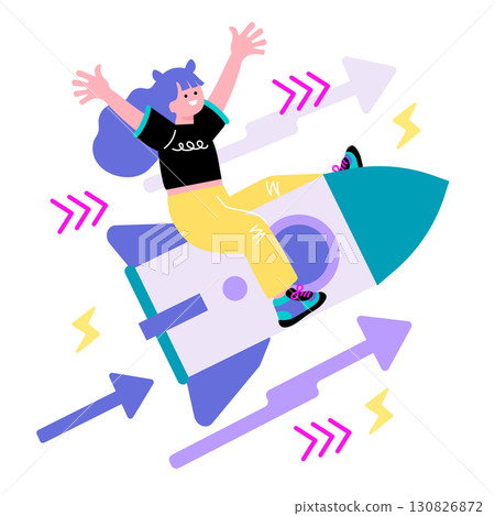 Pop and colorful illustration of young people of Generation Z and a rocket Pop and colorful illustration of young people of Generation Z and a rocket 130826872