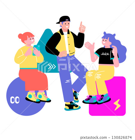 Pop and colorful illustration of young people of Generation Z having a discussion 130826874