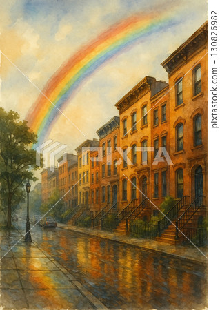 雨後城市街景與彩虹插畫水彩風 130826982