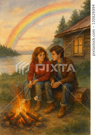 湖畔木屋前情侶營火烤棉花糖與彩虹插畫 湖畔木屋前情侶營火烤棉花糖與彩虹插畫 130826994