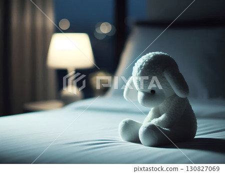 Late at night in the cellar, a small sheep with an unopened heart sitting on the bed, insomnia, sleep problems, depression related conceptual material sheet 130827069