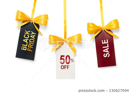 Set of hanging tags with messages Black Friday, SALE and 50 OFF. Designed for retail campaigns and holiday shopping visuals 130827094