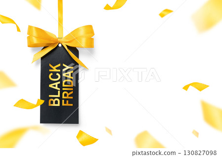 Black Friday label with yellow bow and festive confetti on bright white background. Perfect for seasonal sale banners and ecommerce promotion 130827098