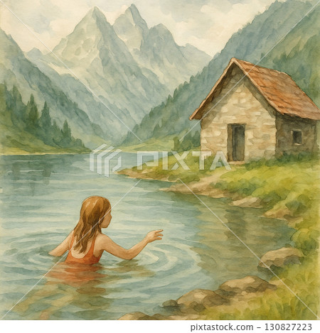 山間湖泊中戲水的女孩與石屋插畫 130827223