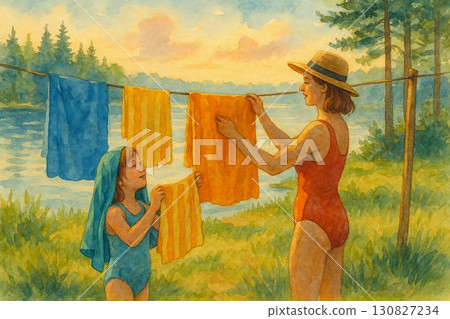 夏日湖邊母女晾浴巾 130827234