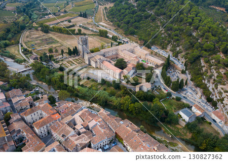 Aerial view of Castle of Abbey Sainte-Marie d'Orbieu in Lagrasse Aerial view of Castle of Abbey Sainte-Marie d'Orbieu in Lagrasse 130827362