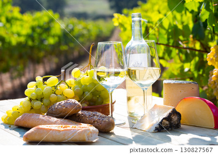 Wine, cheese, grape on vineyard background 130827567