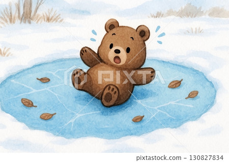 一隻熊在冰上滑倒,嚇了一跳。這幅可愛的插畫非常適合冬季吸引目光。 一隻熊在冰上滑倒,嚇了一跳。這幅可愛的插畫非常適合冬季吸引目光。 130827834