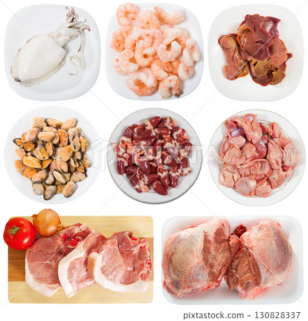 Raw meat, poultry fish isolated on white background, nobody 130828337