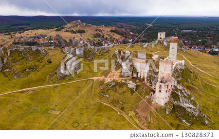 Panoramic view from above on the medieval castle Olsztyn. Poland 130828371